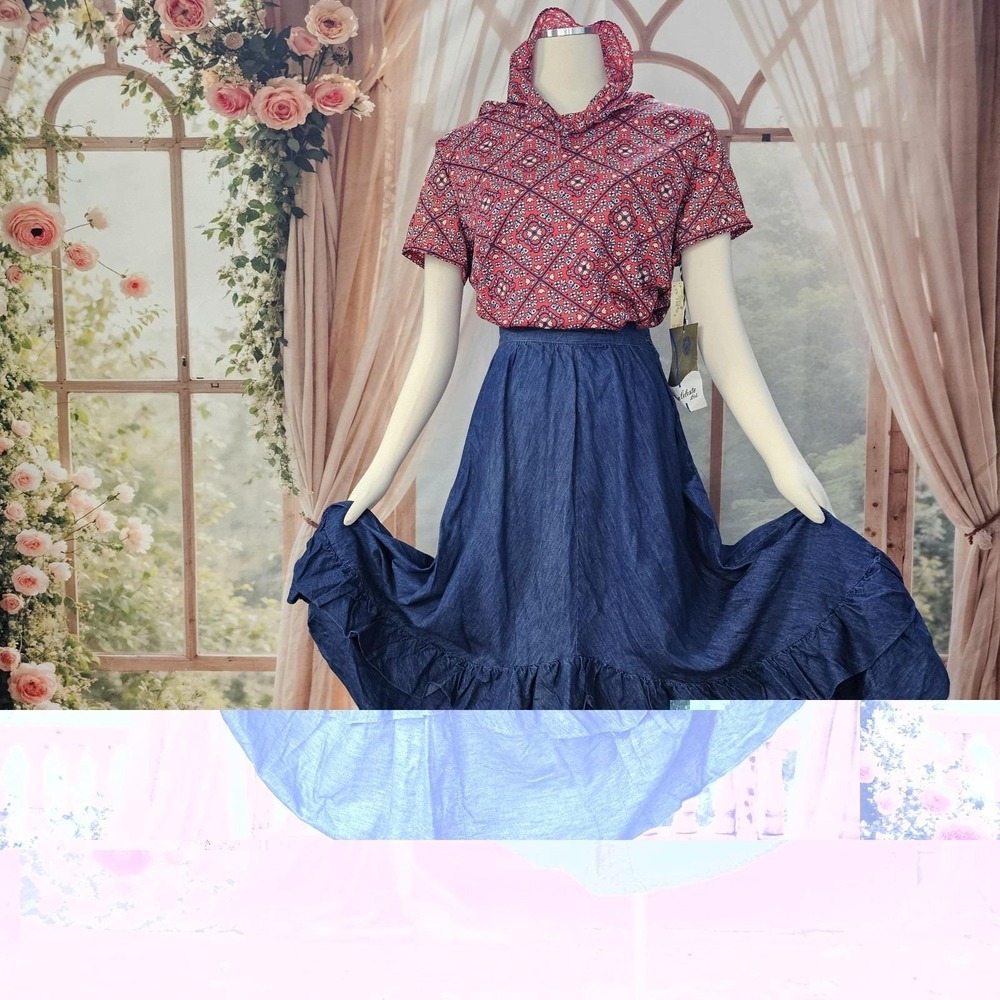 Vintage DEADSTOCK 1970s Blouse Scarf Set Red Blue Pattern Jean Celeste Ltd. - Picture 11 of 12